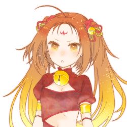 Rule 34 | 1girl, ahoge, armlet, bell, brown eyes, brown hair, china dress, chinese clothes, cleavage cutout, clothing cutout, collar, dress, facial mark, fate/grand order, fate (series), forehead mark, hair bell, hair ornament, milky way (mirukii), navel cutout, neck bell, nezha (fate), solo, twintails
