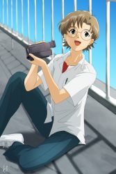 Rule 34 | 1boy, absurdres, aida kensuke, blouse, blue eyes, brown hair, camcorder, collared shirt, day, fence, freckles, glasses, highres, looking at viewer, looking up, male focus, neon genesis evangelion, on roof, open mouth, outdoors, rooftop, school uniform, shirt, shoes, smile, sneakers, tokyo-3 middle school uniform, ultrajony, video camera, white shirt