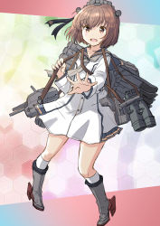 Rule 34 | 1girl, adapted turret, anchor symbol, black sailor collar, brown eyes, brown hair, cannon, commentary request, dress, fuji (pixiv24804665), grey neckerchief, hair ornament, hairclip, headgear, highres, kantai collection, kneehighs, machinery, neckerchief, open mouth, round teeth, rudder footwear, sailor collar, sailor dress, short hair, socks, solo, speaking tube headset, teeth, torpedo launcher, turret, upper teeth only, white dress, yukikaze (kancolle), yukikaze kai ni (kancolle)