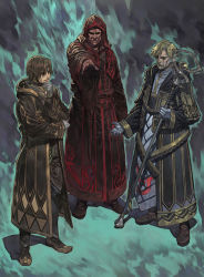 Rule 34 | 3boys, armor, blonde hair, boots, brown eyes, brown footwear, brown hair, cloak, coat, full body, gloves, holding, hood, hooded cloak, jewelry, long sleeves, male focus, multiple boys, neck ring, necklace, official art, old, old man, outstretched arm, pendant, robe, scepter, short hair, staff, thinking, valkyrie profile (series), wand, white background, white gloves, wrinkled skin, yoshinari kou, yoshinari you