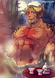 Rule 34 | 1boy, bamboo, bara, beowulf (fate), blonde hair, blood, cup, facial hair, fate/grand order, fate (series), fujimaru ritsuka (male), goatee, large pectorals, male focus, manly, muscular, nipples, nosebleed, onsen, pectorals, red eyes, scar, solo, tattoo, topless male, towel, towel on head, upper body, wet, yamanome