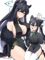 Rule 34 | 2girls, absurdres, animal ear fluff, animal ears, black fur, black hair, blue archive, breasts, china, cleavage, cleavage cutout, clothing cutout, dual persona, fur trim, green eyes, hair ornament, highres, large breasts, long hair, looking at viewer, mindoll, multicolored hair, multiple girls, shun (blue archive), shun (small) (blue archive), sidelocks, thighhighs, thighs, two-tone hair, very long hair, white background, white thighhighs