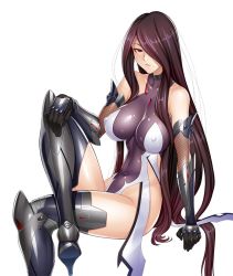 Rule 34 | 00s, 1girl, :d, arm support, arm up, armor, armpits, ass, bare shoulders, black footwear, boots, breasts, breasts out, brown hair, choker, collarbone, covered collarbone, covered navel, crossed legs, detached sleeves, elbow gloves, female focus, fishnets, from side, fuuma saika, gem, gloves, greaves, hair over one eye, halterneck, hand on leg, high heel boots, high heels, highleg, highleg leotard, hip focus, impossible clothes, impossible leotard, large breasts, legs, leotard, lilith-soft, linea alba, lipstick, long hair, looking at viewer, makeup, midriff, mole, mole under mouth, navel, nipples, no bra, official art, open mouth, orange eyes, parted lips, pink lips, puffy nipples, red eyes, shiny clothes, shiny skin, sidelocks, sitting, skin tight, smile, solo, straight hair, taimanin (series), taimanin asagi, taimanin asagi kessen arena, thigh boots, thighhighs, tight clothes, turtleneck, vambraces, very long hair, white background, wings, zol