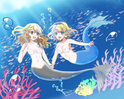 Rule 34 | 2girls, air bubble, alice margatroid, alternate form, blonde hair, blue eyes, blurry, blurry background, braid, breasts, bubble, collarbone, commentary request, coral, fins, freediving, hair ribbon, hairband, head fins, holding hands, kirisame marisa, light rays, long hair, looking at another, medium breasts, mermaid, monster girl, monsterification, multiple girls, navel, open mouth, ribbon, sasawa chaco, school of fish, shell, shell bikini, single braid, small breasts, sunbeam, sunlight, test tube, touhou, tress ribbon, underwater, underwear, yellow eyes
