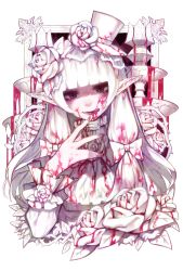 Rule 34 | 1girl, blood, blunt bangs, bow, commentary request, doku-chan (dokkudokudoku), flower, fountain, gothic lolita, hair bow, hand up, hat, highres, lolita fashion, long hair, long sleeves, looking at viewer, original, pointy ears, rose, shaded face, simple background, solo, thorns, tongue, tongue out, very long hair, white background, white bow, white flower, white hair, white hat, white rose, yandere
