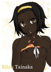 Rule 34 | 1girl, azu, bikini, bikini top lift, bikini top only, black hair, blush, breasts, brown eyes, character name, clothes lift, crossed arms, dark-skinned female, dark nipples, dark skin, derivative work, english text, female focus, finger to mouth, flat chest, front-tie bikini top, front-tie top, hairband, hand on own chest, head tilt, highres, k-on!, lips, looking at viewer, nail, nail polish, nipples, short hair, small breasts, smile, solo, swimsuit, tainaka ritsu, third-party edit, topless, upper body