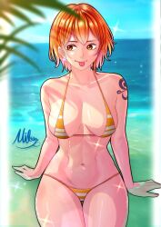 1girl bikini micro_bikini mifenami nami_(one_piece) one_piece orange_eyes orange_hair shoulder_tattoo striped_bikini striped_clothes swimsuit tattoo tongue tongue_out