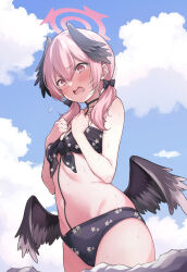 Rule 34 | 1girl, angel wings, bare arms, bare shoulders, bikini, black bikini, black bow, black wings, blue archive, blush, bow, breasts, cowboy shot, double-parted bangs, feathered wings, floral print, front-tie bikini top, front-tie top, hair bow, halo, head wings, highres, kinoshita kou, koharu (blue archive), koharu (swimsuit) (blue archive), long hair, looking at viewer, low twintails, low wings, navel, official alternate costume, open mouth, pink eyes, pink hair, pink halo, print bikini, red halo, revision, simple background, small breasts, solo, stomach, sweat, swimsuit, twintails, wings