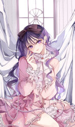 Rule 34 | 1girl, absurdres, arm between legs, black bow, bow, bow hairband, closed mouth, commentary, dress, earrings, frilled dress, frilled sleeves, frills, hairband, head tilt, highres, hoshino ai (oshi no ko), jewelry, long hair, looking at viewer, nagihaha, nail polish, official alternate costume, oshi no ko, pink dress, pink nails, purple eyes, purple hair, signature, smile, solo, star-shaped pupils, star (symbol), symbol-shaped pupils