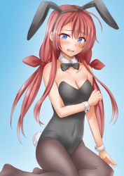 Rule 34 | 1girl, alternate costume, animal ears, anti (untea9), black leotard, black pantyhose, blue background, blue eyes, bow, bowtie, breasts, collarbone, covered navel, detached collar, embarrassed, fake animal ears, gradient background, hair between eyes, hair ribbon, highres, kantai collection, kawakaze (kancolle), kneeling, leotard, long hair, looking at viewer, low twintails, pantyhose, playboy bunny, pointy ears, rabbit ears, rabbit tail, red hair, ribbon, sitting, small breasts, solo, strapless, strapless leotard, sweatdrop, tail, traditional bowtie, twintails, very long hair, wrist cuffs
