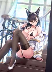 Rule 34 | 1girl, animal ear fluff, animal ears, arm support, armpit crease, atago (azur lane), azur lane, bare shoulders, bikini, black bikini, black hair, black thighhighs, blush, breasts, cleavage, closed mouth, collarbone, covered erect nipples, crotch seam, curtains, day, female focus, garter belt, hair between eyes, high heels, highres, indoors, jacket, jacket partially removed, knee up, large breasts, legs, long hair, long sleeves, looking at viewer, mappaninatta, micro bikini, off shoulder, partially undressed, sitting, smile, solo, stairs, strap pull, swimsuit, thighhighs, white footwear, white jacket, wind, yellow eyes