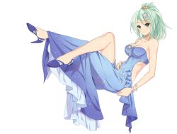 Rule 34 | 1girl, blue dress, bracelet, breasts, cle masahiro, cleavage, dress, full body, green eyes, green hair, high heels, high ponytail, holiday clemente, jewelry, crossed legs, long hair, matching hair/eyes, official art, pumps, simple background, solo, strapless, strapless dress, valkyrie drive, valkyrie drive -siren-, white background