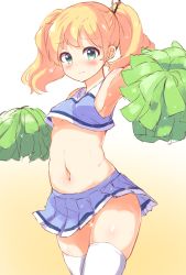Rule 34 | 10s, 1girl, alice cartelet, armpits, bad id, bad pixiv id, blonde hair, blue eyes, blue skirt, blush, breasts, censored, cheerleader, crop top, crop top overhang, gradient background, groin, hair ornament, hair stick, kin-iro mosaic, long hair, looking at viewer, midriff, miniskirt, navel, nervous smile, nitro (mugityaoisii), no bra, no panties, outstretched arm, pleated skirt, pom pom (cheerleading), skindentation, skirt, sleeveless, small breasts, smile, solo, sweat, thighhighs, thighs, twintails, underboob, white thighhighs, yellow background