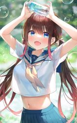 Rule 34 | 1girl, :d, arms up, ayamy, ayamy (vtuber), blue eyes, blue skirt, blurry, bokeh, bottle, breasts, brown hair, bubble, crop top, crop top overhang, depth of field, fang, hair ornament, hair ribbon, hairclip, highres, holding, indie virtual youtuber, long hair, looking at viewer, medium breasts, midriff, navel, neckerchief, open mouth, pleated skirt, ribbon, sailor collar, school uniform, see-through silhouette, serafuku, shirt, short sleeves, sidelocks, skirt, smile, solo, stomach, twintails, upper body, virtual youtuber, water bottle, white shirt, x hair ornament