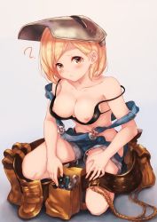 Rule 34 | 1girl, ?, absurdres, alternate costume, ankle boots, bare arms, bare shoulders, belt, bikini, black bra, black panties, blonde hair, blush, boots, bra, breasts, breasts out, brown eyes, brown footwear, cleavage, closed mouth, collarbone, commentary request, djeeta (granblue fantasy), eyelashes, fingernails, full body, gluteal fold, gradient background, granblue fantasy, head tilt, highleg, highleg bikini, highres, kneeling, long fingernails, looking at viewer, medium breasts, navel, nipples, on one knee, overalls, panties, screwdriver, short hair, solo, squatting, stomach, strap slip, suspenders, swimsuit, thighs, tool belt, tools, underwear, upshorts, wakaba (945599620), welding mask, wrench, yellow eyes