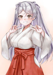 Rule 34 | 1girl, breasts, brown eyes, conte di cavour (kancolle), double v, hakama, highres, hip vent, japanese clothes, kantai collection, kimono, koru pera, large breasts, long hair, miko, official alternate costume, red hakama, silver hair, smile, solo, two side up, v, white kimono, wide sleeves