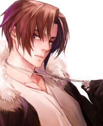 Rule 34 | 1boy, black gloves, black jacket, blue eyes, brown hair, expressionless, final fantasy, final fantasy viii, fur-trimmed jacket, fur trim, gloves, highres, holding, holding jewelry, holding necklace, jacket, jewelry, male focus, necklace, nini tw99, open clothes, open jacket, scar, scar on face, scar on forehead, shirt, short hair, simple background, solo, squall leonhart, v-neck, white background, white shirt