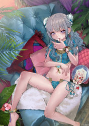 Rule 34 | 1girl, absurdres, anklet, barefoot, bikini, bracelet, breasts, couch, cream, curly hair, cushion, dancho (dancyo), double bun, earrings, eyelashes, eyeliner, food, grey hair, hair bun, highres, huge filesize, jewelry, long hair, looking at viewer, lying, makeup, mole, mole under eye, navel, on back, original, plant, potted plant, purple eyes, solo, swimsuit, tongue, tongue out