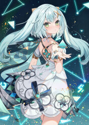 Rule 34 | 1girl, absurdres, aqua hair, blush, cape, closed mouth, clothing cutout, cowlick, detached sleeves, dress, faruzan (genshin impact), floating, floating object, from behind, genshin impact, green eyes, hair ornament, highres, jewelry, long hair, looking at viewer, looking back, neck ring, short dress, short sleeves, shoulder cutout, sidelocks, sleeveless, sleeveless dress, solo, symbol-shaped pupils, triangle-shaped pupils, twintails, vision (genshin impact), white dress, x hair ornament, yuia
