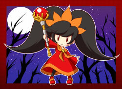 Rule 34 | 1girl, arm up, ascot, ashley (warioware), bare tree, big hair, black hair, black pantyhose, border, chibi, commentary request, dress, full body, hair ornament, holding, holding wand, long hair, mazume, moon, night, night sky, nintendo, orange ascot, orb, outdoors, outline, outstretched arms, pantyhose, red dress, red eyes, red footwear, shoes, sidelocks, skull, sky, solo, spread arms, standing, star (sky), starry sky, tree, twintails, wand, warioware, white outline