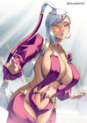 Rule 34 | artist name, belly dancing, blurry, blurry background, breasts, circlet, cleavage, code geass, commentary, covered erect nipples, covered navel, cowboy shot, curled fingers, dancer, dark-skinned female, dark skin, earrings, female focus, forehead, gold trim, grey hair, grin, hair ornament, harem outfit, haryudanto, highres, huge breasts, jewelry, long hair, long sleeves, looking at viewer, nail polish, necklace, parted bangs, pink nails, pink sleeves, ponytail, revealing clothes, shadow, smile, solo, sparkle, tan, teeth, veil, villetta nu, yellow eyes