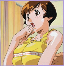 Rule 34 | 1girl, :o, black hair, blush, breasts squeezed together, breasts, brown eyes, brown hair, bust measuring, embarrassed, highres, huge breasts, measuring, open mouth, short hair, solo, super real mahjong, tanaka ryou, tank top, tape measure, toyohara etsuko