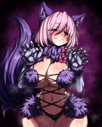 Rule 34 | 1girl, animal ear fluff, animal ears, beolkkulcheese, bikini, blush, breasts, cameltoe, claw pose, claws, cleavage, closed mouth, cross-laced bikini, cross-laced clothes, elbow gloves, fake animal ears, fate/grand order, fate (series), fingernails, fur-trimmed gloves, fur bikini, fur collar, fur trim, gloves, groin, hair over one eye, highres, korean commentary, large breasts, long fingernails, looking at viewer, mash kyrielight, mash kyrielight (dangerous beast), navel, purple ears, purple eyes, purple gloves, purple hair, purple tail, revealing clothes, ringed eyes, sharp fingernails, short hair, smile, solo, strap lift, swimsuit, tail, toned, wolf ears, wolf tail