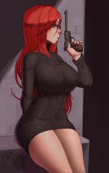 Rule 34 | 1girl, breasts, covered navel, gun, hair over one eye, handgun, large breasts, long hair, luger p08, ourobot, parasoul (skullgirls), pursed lips, red hair, skirt, skullgirls, solo, sweater, thick thighs, thighs, tight clothes, turtleneck, turtleneck sweater, weapon, yellow eyes