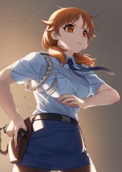 Rule 34 | 1girl, belt, black belt, black pantyhose, blue necktie, blue shirt, blue skirt, breast pocket, breasts, brown eyes, brown hair, closed mouth, commentary request, gun, handgun, highres, holding, holding gun, holding weapon, holster, idolmaster, idolmaster cinderella girls, kamille (vcx68), katagiri sanae, large breasts, low twintails, necktie, pantyhose, pencil skirt, pocket, police, police uniform, policewoman, shirt, short twintails, skirt, solo, trigger discipline, twintails, uniform, weapon