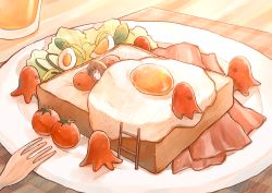 Rule 34 | 1girl, absurdres, brown hair, closed eyes, commentary request, cup, food, food art, fork, fried egg, highres, in food, ladder, lying, mini person, minigirl, mokunoki, on side, original, plate, signature, solo, tako-san wiener, tomato, twitter username