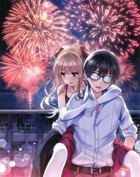 Rule 34 | 1boy, 1girl, aki tomoya, arms around neck, backlighting, bare shoulders, belt, blonde hair, blue eyes, blush, bow, building, buttons, carrying, collarbone, collared shirt, crease, dress, dress shirt, elbow gloves, embarrassed, fireworks, fujimi shobo, glasses, gloves, hair bow, hair over shoulder, highres, jacket, unworn jacket, looking away, misaki kurehito, night, night sky, novel illustration, official art, opaque glasses, open mouth, outdoors, pantyhose, piggyback, red bow, red dress, saenai heroine no sodatekata, sawamura spencer eriri, scan, scan artifacts, shirt, sky, sleeveless, sleeves rolled up, twintails, white gloves, white pantyhose, white shirt