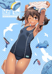 Rule 34 | 1girl, ;d, aoi sora (pairan), armpits, arms up, bare shoulders, barefoot, bird, black hair, blue background, blue one-piece swimsuit, blue school swimsuit, blurry, blush, breasts, brown eyes, brown hair, clenched hand, clothes lift, converse, crossed arms, depth of field, double vertical stripe, dutch angle, feet, foot out of frame, hair ornament, hair ribbon, hairclip, halftone, halftone background, hip focus, long hair, looking at viewer, navel, old school swimsuit, one-piece swimsuit, one eye closed, open mouth, original, outline, pairan, pants, ribbon, ribs, round teeth, school swimsuit, seagull, shirt, shirt lift, shoes, short hair, short twintails, shorts, silhouette, small breasts, smile, sneakers, socks, solo, swimsuit, tan, tanline, teeth, thigh gap, toned, twintails, undressing, unworn clothes, unworn pants, unworn shoes, unworn shorts, unworn socks, white shirt
