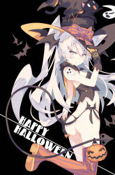 Rule 34 | 1girl, absurdres, amatsukaze (kancolle), arm up, ass, black background, black cat, black gloves, black panties, boots, bow, breasts, bustier, capelet, cat, closed mouth, earrings, fake tail, from side, gloves, grey hair, halloween, hand on headwear, hand on own ass, hat, hat bow, hexagram, highleg, highleg panties, highres, jack-o&#039;-lantern, jewelry, kantai collection, leg up, litsvn, long hair, looking at viewer, orange eyes, orange thighhighs, panties, shinigami-sama, side-tie panties, simple background, single thighhigh, skull earrings, small breasts, solo, soul eater, standing, standing on one leg, star of david, striped clothes, striped thighhighs, sweatdrop, tail, thigh boots, thighhighs, thong, two side up, underwear, vertical-striped clothes, vertical-striped thighhighs, very long hair, wavy mouth, witch hat