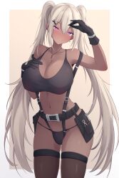 Rule 34 | 1girl, belt, belt pouch, black belt, black bra, black gloves, black panties, black thighhighs, border, bra, breasts, brown background, bulge, closed mouth, collarbone, cowboy shot, dark-skinned female, dark skin, double-parted bangs, earclip, earrings, futanari, gloves, hand on own chest, hand up, highres, huge breasts, jewelry, key, key necklace, light brown hair, long hair, looking at viewer, navel, necklace, original, outside border, panties, pliers, pouch, purple eyes, screwdriver, smile, solo, split mouth, stomach, string panties, thighhighs, trimbil, twintails, underwear, very long hair, white border, wrench, wrench hair ornament