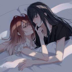 Rule 34 | 2girls, bare arms, black hair, black shirt, blush, chinese commentary, closed eyes, closed mouth, commentary request, cuddling, finger to another&#039;s mouth, gradient hair, grey hair, highres, light particles, long hair, looking at another, miix777, morning, multicolored hair, multiple girls, on bed, parted lips, path to nowhere, pillow, rahu (path to nowhere), red hair, scar, scar across eye, shalom (path to nowhere), shirt, short sleeves, sleeping, smile, under covers, upper body, white hair, white shirt, yuri