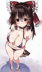 Rule 34 | 1girl, arms behind back, bare legs, bare shoulders, belly, benjamin button suukina jinsei, bikini, blurry, blush, bow, breasts, brown eyes, brown hair, cleavage, closed mouth, collar, collarbone, cookie (touhou), depth of field, detached sleeves, eyeball, hand fan, foreshortening, frilled bow, frills, from above, full body, hair between eyes, hair bow, hair tubes, hakurei reimu, highres, holding, kanna (cookie), large breasts, leash, looking up, micro bikini, parody, plump, purple bikini, red bow, red eyes, sandals, short hair, sidelocks, simple background, sketch, smile, solo, standing, style parody, swimsuit, tareme, thigh gap, touhou, white background