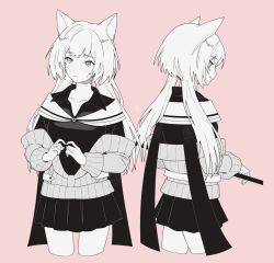 Rule 34 | 1girl, absurdres, animal ears, arknights, black dress, blush, cape, cat ears, cat girl, cropped legs, dress, facing away, frown, hair ornament, hairclip, heterochromia, highres, holding, holding staff, long hair, looking at viewer, looking back, multiple views, nightmare (arknights), off-shoulder sweater, off shoulder, pink background, simple background, smile, spot color, staff, suika aji, sweater, twintails