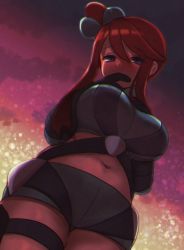 Rule 34 | 1girl, blue eyes, blue shorts, blush, breasts, commentary, covering own mouth, creatures (company), crop top, eyelashes, from below, game freak, gloves, gym leader, hair ornament, highres, looking at viewer, mokorei, navel, nintendo, pokemon, pokemon bw, red hair, short shorts, shorts, sidelocks, skyla (pokemon), solo