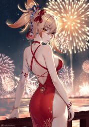 Rule 34 | 1girl, alternate costume, arm tattoo, ass, backless dress, backless outfit, bare arms, bare back, bare shoulders, blonde hair, bow, breasts, commentary request, cowboy shot, dress, fireworks, from behind, genshin impact, helloimtea, highres, long hair, looking at viewer, looking back, medium breasts, night, night sky, outdoors, ponytail, red bow, red dress, sky, sleeveless, sleeveless dress, smile, solo, standing, tattoo, yellow eyes, yoimiya (genshin impact)