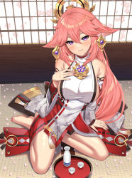 Rule 34 | 1girl, alcohol, animal ears, arm support, bare legs, bare shoulders, breasts, choko (cup), cup, detached sleeves, earrings, fox ears, genshin impact, hair between eyes, hair ornament, hand on own chest, highres, indoors, jewelry, large breasts, long hair, looking at viewer, nail polish, nectar (fujiya), parted lips, pendant, petals, pink hair, pink nails, purple eyes, sake, shirt, sitting, sleeveless, sleeveless shirt, smile, solo, toenail polish, toenails, vision (genshin impact), wariza, white shirt, yae miko