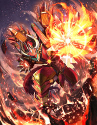 Rule 34 | absurdres, armor, dragon, dragon horns, explosion, explosive, fire, full body, glowing, glowing eyes, glowing hands, gold trim, green eyes, highres, horns, ken ill, legs apart, mecha, lava, no humans, open mouth, original, outstretched hand, red armor, robot, sharp teeth, standing, teeth
