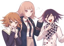 Rule 34 | 1girl, 2boys, :d, :i, alternate color, anui, black jacket, black shirt, blunt bangs, brown eyes, brown hair, brown skirt, buttons, checkered clothes, checkered scarf, closed eyes, danganronpa: trigger happy havoc, danganronpa (series), danganronpa 2: goodbye despair, danganronpa v3: killing harmony, double-breasted, dress shirt, flipped hair, fujisaki chihiro, hair between eyes, hand up, highres, index finger raised, jacket, long sleeves, medium hair, multiple boys, nanami chiaki, neck ribbon, no hair ornament, open clothes, open jacket, open mouth, oma kokichi, pink ribbon, pleated skirt, ribbon, scarf, shirt, shirt tucked in, short hair, simple background, skirt, smile, tearing up, teeth, tongue, upper teeth only, white background, white shirt
