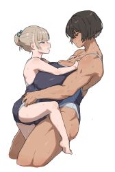 Rule 34 | 2girls, age difference, black hair, blonde hair, blue eyes, breasts, bulge, carrying, carrying person, competition school swimsuit, dark-skinned female, dark skin, erection, erection under clothes, gym uniform, hands on another&#039;s thighs, height difference, highres, huge breasts, implied futanari, kei (m k), long hair, m k, multiple girls, onee-loli, original, ponytail, red eyes, rika (m k), school swimsuit, short hair, simple background, size difference, standing, sweat, swimsuit, tall, tall female, tan, tomboy, wife and wife, yuri