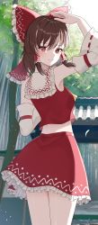 Rule 34 | 1girl, absurdres, anima miko, bare shoulders, bow, breasts, brown eyes, brown hair, commentary request, cowboy shot, detached sleeves, frilled skirt, frills, hair bow, hakurei reimu, highres, long sleeves, looking at viewer, looking back, midriff peek, red skirt, red vest, skirt, small breasts, solo, touhou, vest, white sleeves, wide sleeves