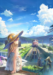 Rule 34 | 1girl, animal, bicycle, blonde hair, blue sky, building, cat, cloud, day, dress, flower, from behind, grass, hat, long hair, looking at viewer, original, outdoors, purple eyes, scenery, shadow, sitting, sky, sundress, train, white dress, wingheart