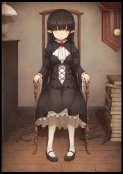 Rule 34 | 1girl, absurdly long hair, armchair, black dress, black footwear, black hair, blouse, book, book stack, breasts, cabinet, center frills, chair, clock, closed mouth, cross-laced clothes, dress, elf, expressionless, frilled shirt, frills, full body, goth fashion, gothic lolita, heijialan, indoors, juliet sleeves, lamp, lolita fashion, long hair, long sleeves, looking at viewer, mary janes, medium breasts, metronome, original, pantyhose, petticoat, pigeon-toed, pointy ears, puffy sleeves, shirt, shoes, sitting, solo, tareme, vanishing point, very long hair, wall clock, white pantyhose, white shirt, wide sleeves, wooden floor