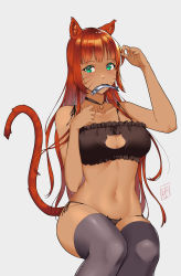 Rule 34 | 1girl, absurdres, animal ears, bell, black bra, black panties, blush, borrowed character, bra, cat cutout, cat ear panties, cat ears, cat girl, cat lingerie, cat tail, clothing cutout, collarbone, damobelmont, dark-skinned female, dark skin, facial mark, fang, female focus, fish, fish in mouth, frilled bra, frills, green eyes, grey thighhighs, highres, invisible chair, jingle bell, long hair, looking at viewer, meme attire, navel, neck bell, orange hair, original, panties, paw pose, side-tie panties, simple background, sitting, skin fang, solo, stomach, tail, thighhighs, underwear, underwear only, very long hair, whisker markings, white background
