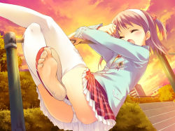 Rule 34 | 00s, 1girl, barefoot, blush, brown hair, closed eyes, cloud, feet, game cg, hair bobbles, hair ornament, hairband, kawata hisashi, lace, lace-trimmed panties, lace trim, nanako (to heart 2), panties, print panties, school uniform, serafuku, skirt, sky, soles, solo, sunset, thighhighs, third-party edit, to heart (series), to heart 2, to heart 2 ad, toes, twintails, underwear, upskirt, white panties