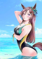 Rule 34 | 1girl, absurdres, animal ears, blue sky, bow, breasts, brown hair, cloud, commentary request, competition swimsuit, day, ear bow, highres, horizon, horse ears, horse girl, horse tail, long hair, looking at viewer, medium breasts, mejiro dober (umamusume), miki lutecia, ocean, one-piece swimsuit, outdoors, purple eyes, sky, soaking feet, solo, swimsuit, tail, twitter username, umamusume, water