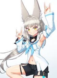 Rule 34 | alten, animal ears, black shorts, blue neckerchief, breasts, chest jewel, cosplay, detached sleeves, facial mark, highres, hololive, long hair, low twintails, neckerchief, nia (blade) (xenoblade), nia (xenoblade), shirakami fubuki, shirakami fubuki (1st costume), shirakami fubuki (cosplay), short shorts, shorts, small breasts, thigh strap, twintails, very long hair, virtual youtuber, white sleeves, wide sleeves, xenoblade chronicles (series), xenoblade chronicles 2, yellow eyes